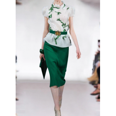 Leaf Embroidery Top + Green Half Skirt 2 Piece Set XF